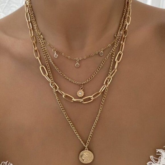 Multilayer Pendant Chain Necklace Set Boho Layered gold Tone - Picture 3 of 6